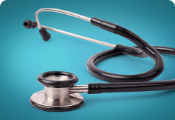 A stethoscope on a blue background.