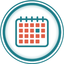 A graphic icon of a calendar with nineteen red squares and one blue square.