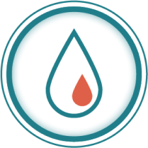 A graphic icon of a white droplet with a smaller red droplet inside it to represent blood in urine.