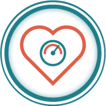 A graphic icon of a heart with a pressure dial inside it to represent high blood pressure.