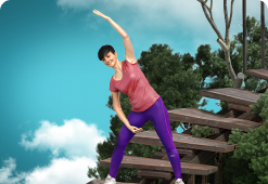 A lady stretching on some steps outside next to trees and clouds.